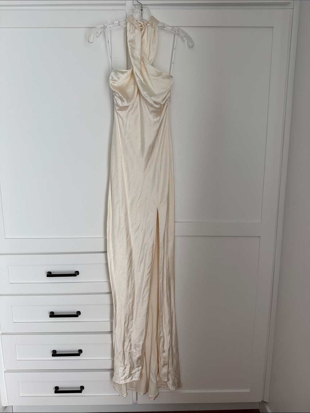 Lulu's Cream Satin Halter Maxi Dress with Front Slit